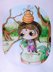 Ilustración en acuarela de una niña indú en el rio recogiendo agua representando el signo del horóscopo de acuario. Por Leire González.