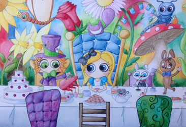 Ilustración en acuarela de la escena del no-cumpleaños de Alicia en el país de las maravillas. Por Leire González.