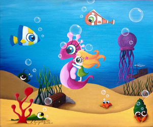 Ilustración en óleo de una ñina viajando sobre un caballito de mar en el fondo del mar rodeados de peces y otras especies marinas, al fondo un tesoro y un barco hundido. Por Leire González.