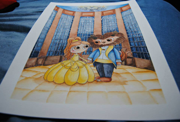 Ilustración en acuarela del cuento clásico de La Bella y la Bestia de la escena en la que los protagonistas bailan. Por Leire González.
