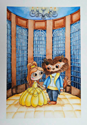 Detalle de la ilustración en acuarela del cuento clásico de La Bella y la Bestia de la escena en la que los protagonistas bailan. Por Leire González.