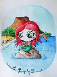 Ilustración en acurela de una sirenita sobre una roca en la orilla de la playa con palmeras y un volcán de fondo representado el signo del zodiaco cáncer. Por Leire González.