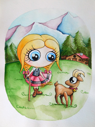 Ilustración en acuarela de una niña suiza pastoreando el Los Alpes con su cabra representando al signo del zodiaco capricornio. Por Leire González.