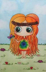 Ilustración en acuarela de una nuña hippy con una mariposa en la mano. Por Leire González.
