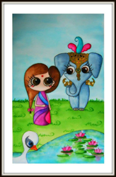 Ilustración en acuarela de una niña indú con un elefante decorado con piedras y un cisne en un lago a sus pies. Por Leire González.