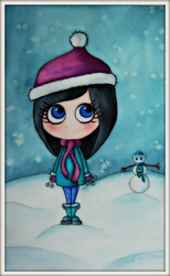 Ilustración en acuarela de una niña en la nieve con un muñeco de nieve de fondo representando el invierno. Por Leire González.