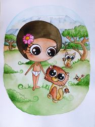 Ilustración en acurela de una niña africana en la sabana con una familia de leones y el Kilimanjaro de fondo representando el signo del zodiaco leo. Por Leire González.