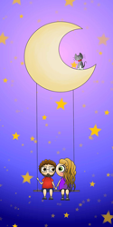 Ilustración digital personalizada de Javi y Leire en un columpio colgado de la luna sobre la que está el gato calcetines. Por Leire Gonzalez.