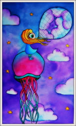 Ilustración en acuarela de una niña volando por en cielo nocturno sobre una medusa, lleva una red en la mano y va pescando nubes. Por Leire González.