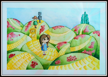 Ilustración en acuarela del cuento clásico de el Mago de Oz. Dorothy va con el león, el espantapajaros y el hombre de ojalata por el camino de baldosas amarillas a la ciudad de oz, que se ve al fondo. Por Leire González.