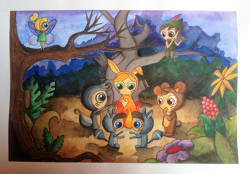 Ilustración en acuarela del cuento clásico de Petter Pan, en la que aparecen los niños perdidos en la noche alrededor de una hogera, Petter Pan sobre un árbol tocando la flauta y Campanilla sobre otro árbol. Por Leire González.