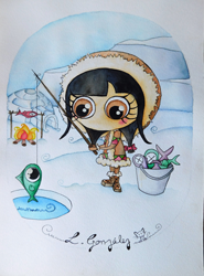 Ilustración en acuarela de una niña esquimal pescando con su iglú de fondo y una montaña de hielo representando el signo del zodiaco piscis. Por Leire González.
