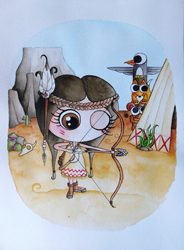 Ilustración en acuela en una niña india usando el arco en el desierto con su tipi, tottem y montañas de fondo representando el signo del zodiaco sagitario. Por Leire González 