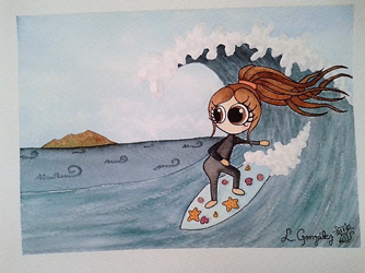 Ilustración en acuarela personalizada. Representa a una niña surfeando sobre su tabla llena de conchas, al fondo la isla Izaro. Por Leire González.