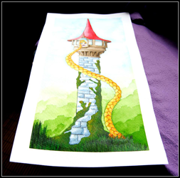 Detalle de la ilustración en acuarela del cuento de Rapuncel, en la que la niña está en la torre con su trenza saliendo por la ventana hasta el suelo. Por Leire González.