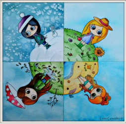 Miniatura de la ilustración en acuarela de cuatro niñas representando las cuatro estaciones, colocadas en eje de 45º sobre una 'bola del mundo', en cada cuadrante, invierno, primavera, verano y otoño. Por Leire González.