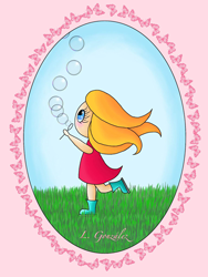 Miniatura de la ilustración digital de una niña haciendo pompas en el campo, enmarcada en un óvalo de mariposas y fondo rosa. Por Leire Gonzalez.