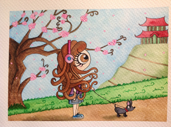 Miniatura de la ilustración en acuarela personalizada. Sara con su perro camino a un templo japonés en la montaña con un cerezo en flor de fondo. Por Leire González.