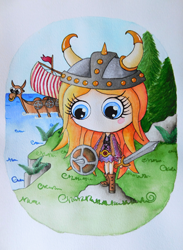Miniatura de la ilustración en acuela de una niña vikinga en un acantilado con el mar y un barco vikingo al fondo, detrás de ella pinos. Representación del signo del zodiaco tauro. Por Leire González.