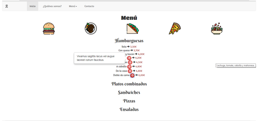 Captura de pantalla de la página web del restaurante ficticio El patio. En ella se muestra parte del menú desplegado y un mensaje que se despliega a modo de bocadillo con los ingredientes del plato seleccionado. Diseñado por Leire González.