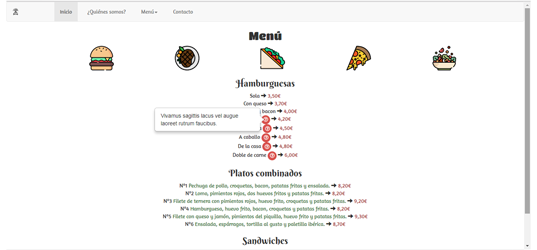 Captura de pantalla de la página web del restaurante ficticio El patio. En ella se muestra parte del menú desplegado y un mensaje que se despliega a modo de bocadillo con los ingredientes del plato seleccionado. Debajo otra de las secciones desplegadas,con un diseño diferente al del menú de arriba. Diseñado por Leire Gonzáelez.