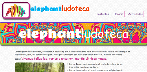 Captura de pantalla de la página web de la ludoteca ficticia Elephnant ludoteca. En ella se muestra la cabecera de la página. Diseñana por Leire González.