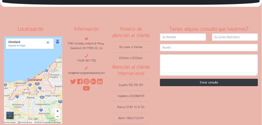 Captura de pantalla de la página web de la empresa ficticia The Margaret Cleveland. En ella se muestra el pie de página con el mapa de ubicación, formas de contacto y un formulario. Diseñado por Conchi Díaz y Leire González. 